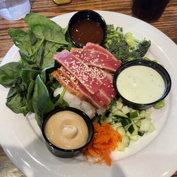 Asian Power Bowl with Ahi Tuna side of wasabi cucumber and bacon sauce