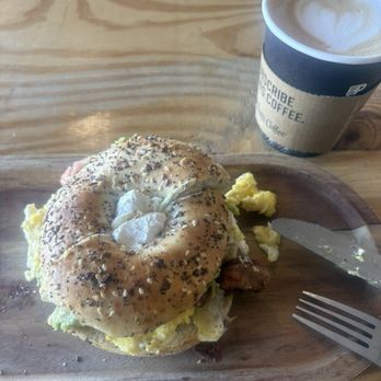Cafe 33 - Morning Golden Morning Bagel (add bacon and lox) and Latte - Coffee & Tea Near Me - Sacramento, California