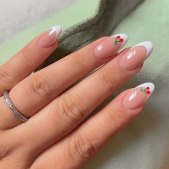 Hollywood Nails & Spa - Almond Frenchies with cherry designs - Nail Salons Near Me - Houston, Texas Hollywood Nails & Spa - Almond Frenchies with cherry designs - Nail Salons Near Me - Houston, Texas