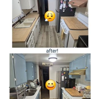 S Pro Painting - Before and after photos. I chose a soft white fir the walls and ceiling and Jamestown blue for the cabinets. - Painters Near Me