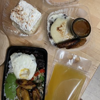 Leonore Restaurant  - Coconut cake, arepa (bean and mozzarella- sauce was OILY and too much cheese), passion fruit juice and  veggie Pabellon Criollo - Italian Near Me - Salem, Virginia