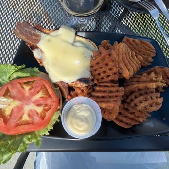 Iron Key Brewing - Chicken Sandwich plus Swiss & Bacon with sweet potato fries - Breweries Near Me - Columbus, North Carolina