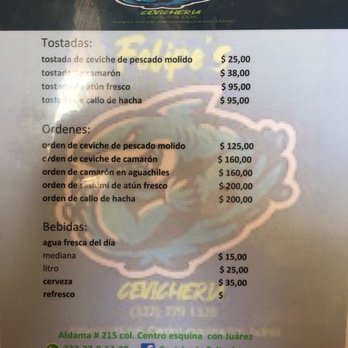 Felipe’s Cevicheria - The menu. Prices are in pesos. - Seafood Near Me - Puerto Vallarta, JAL