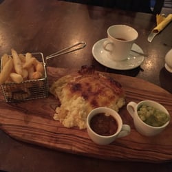 The Green Chimney Cafe & Wine Bar - Cheese and onion pie with chips, mushy peas and gravy plus a cup of tea. Top stuff!