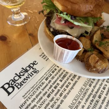 Backslope Brewing - Mushroom burger, with regular fries - Breweries Near Me - Columbia Falls, Montana