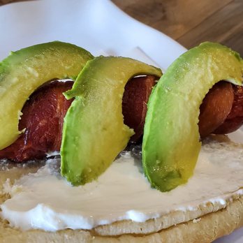 Hamburgerseria - Chihuahua style hot dog. Deep fried, wrapped with bacon, sour cream, and avocado. - Fast Food Near Me - Joliet, Illinois Hamburgerseria - Chihuahua style hot dog. Deep fried, wrapped with bacon, sour cream, and avocado. - Fast Food Near Me - Joliet, Illinois