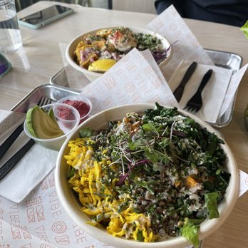 Vibe Organic Kitchen - Macro bowl in front and Mediterranean bowl in back - Juice Bars & Smoothies Near Me - Costa Mesa, California