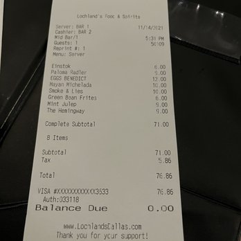 Lochland's - Final tab after IDK how many hours here. Good prices...& I'm a cocktail drinker, so it works. - Irish Pub Near Me - Dallas, Texas