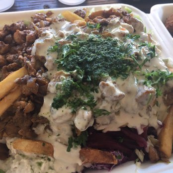 Falafel Stop - Jerusalem mix on a plate with fries - Falafel Near Me - Sunnyvale, California Falafel Stop - Jerusalem mix on a plate with fries - Falafel Near Me - Sunnyvale, California