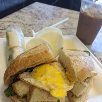 Vietshack - Tofu banh mi with fried egg, tofu spring roll and coffee - Vietnamese Near Me - Tempe, Arizona Vietshack - Tofu banh mi with fried egg, tofu spring roll and coffee - Vietnamese Near Me - Tempe, Arizona