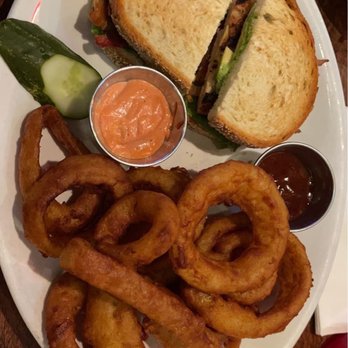 Flo & Santos - Chicken Club Sandwich and Onion Tower O' Rings - Pizza Near Me - Chicago, Illinois Flo & Santos - Chicken Club Sandwich and Onion Tower O' Rings - Pizza Near Me - Chicago, Illinois