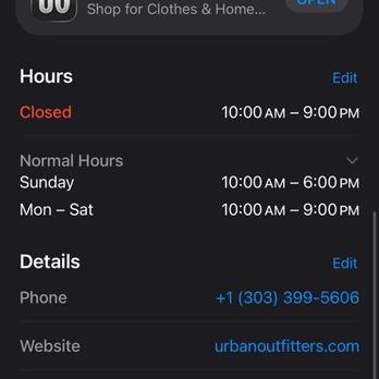 Urban Outfitters - Incorrect listed hours not only for today (Thursday) but Mon-Sat as well - Women's Clothing Near Me - Denver, Colorado