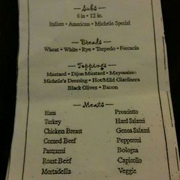 Sub sandwich menu Sub sandwich menu