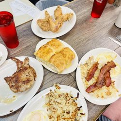 Frank's Grill - Chicken and waffles, hash browns, pork chops, bacon, biscuits(homemade)
