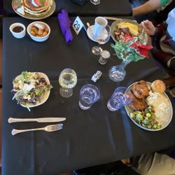 Bella Vista Winery - Lemon brined fried chicken with Brussels sprouts, pancakes, spinach Swiss omelet with potatoes, Buffalo chicken flat bread