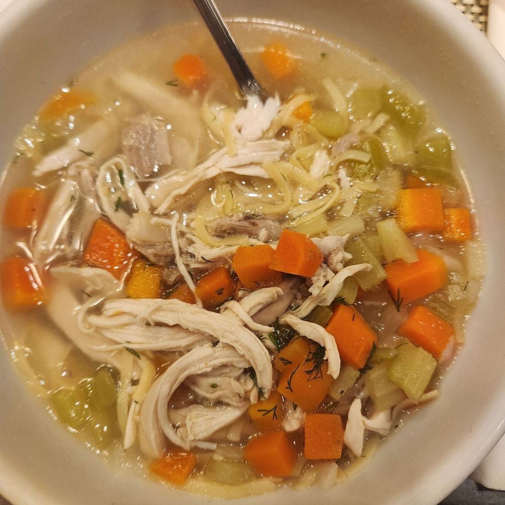 Chicken noodle soup - fresh veggies and shredded chicken, yum! Chicken noodle soup - fresh veggies and shredded chicken, yum!