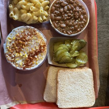 Terry Black's Barbecue - Waco - Side of Mac and cheese, corn, baked beans, pickles and bread - Barbeque Near Me - Waco, Texas