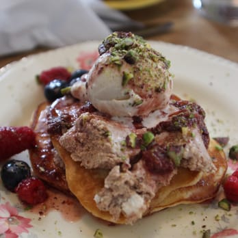 Something 4 Jess Espresso Boutique - Coconut-buttermilk hotcakes with nutella-espresso maple ricotta cheese and vanilla bean "serendipity" ice cream topping. - Coffee & Tea Near Me - Chippendale, NSW Something 4 Jess Espresso Boutique - Coconut-buttermilk hotcakes with nutella-espresso maple ricotta cheese and vanilla bean "serendipity" ice cream topping. - Coffee & Tea Near Me - Chippendale, NSW