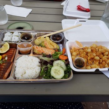 Oishii Sushi - Salmon teriyaki bento and tempera scallop roll - Sushi Bars Near Me - Riverside, California Oishii Sushi - Salmon teriyaki bento and tempera scallop roll - Sushi Bars Near Me - Riverside, California