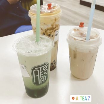 A Tea 7 - (left to right) green thai tea, brown sugar milk, jasmine milk tea w/ cheese foam - Bubble Tea Near Me - San Diego, California A Tea 7 - (left to right) green thai tea, brown sugar milk, jasmine milk tea w/ cheese foam - Bubble Tea Near Me - San Diego, California
