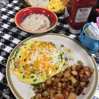 Bonny's Cafe - Top to bottom: chicken fried steak and eggs with hashbrowns and biscuits and gravy; asparagus frittata with home fries - Breakfast & Brunch Near Me - El Cajon, California