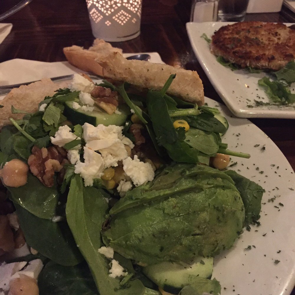 Lemoni Cafe - Spinach salad with amaZing coconut crusted veggie burger wow! - Breakfast & Brunch Near Me - Miami, Florida