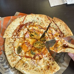 Well, this is officially the worst BBQ pizza from Schlotzsky's I've received. I guess that's the ways it's done here. $10 pizza??