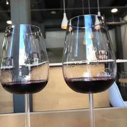 Double glasses of their Nuevo (Beaujolais) at Brooklyn West Winery in Oakland.