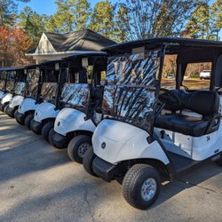 The Preserve At Jordan Lake Golf Club - Cart staging area. Yamaha gas-powered golf cart fleet. Nice, cushy seats.