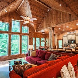 Away From It All Lodge - Open living/dining/kitchen with soaring ceilings.