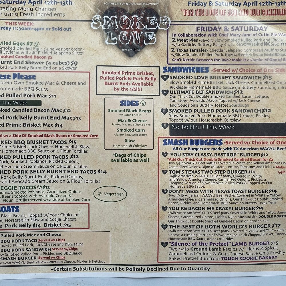 Smoked Love - A recent menu (but it changes regularly) - Food Trucks Near Me - Bastrop, Texas Smoked Love - A recent menu (but it changes regularly) - Food Trucks Near Me - Bastrop, Texas