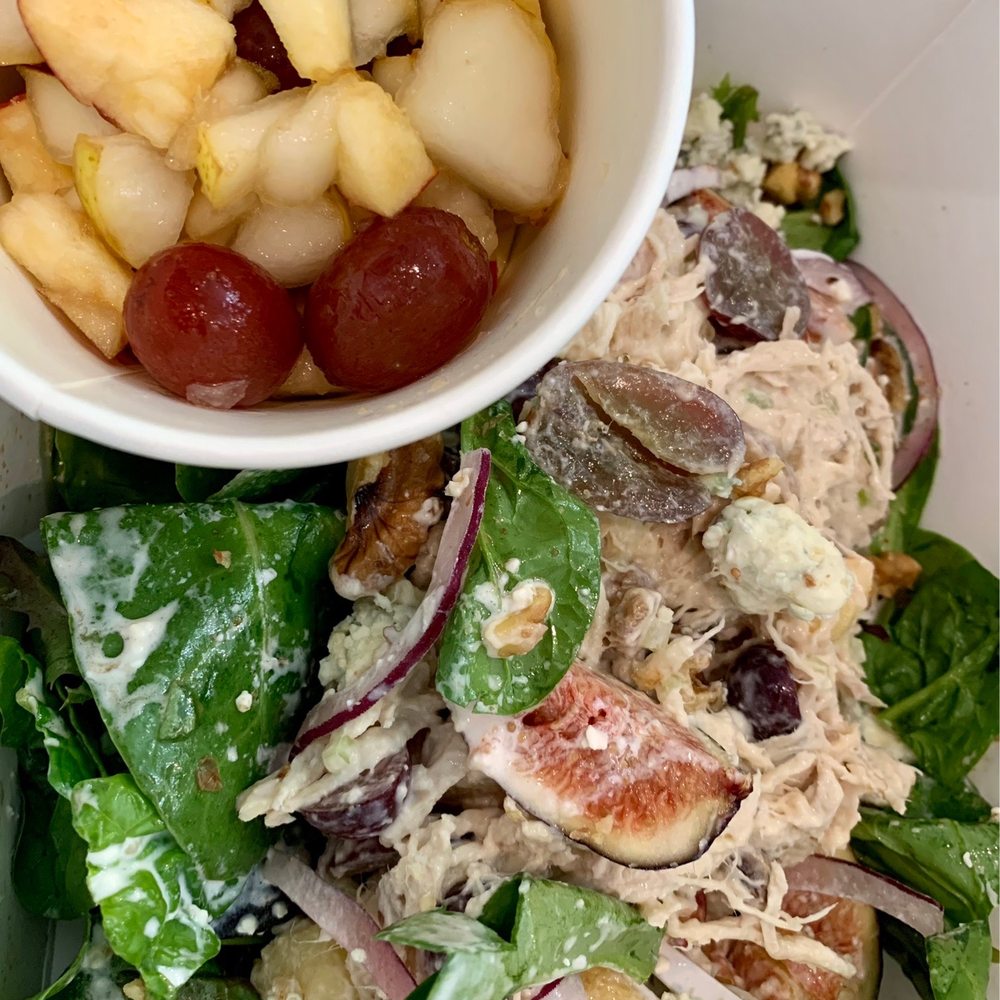 Kitchenology - Seasonal salad with figs, walnuts, blue cheese, balsamic vinaigrette, greens, and chicken salad added. Fruit cup. - Sandwiches Near Me - High Point, North Carolina Kitchenology - Seasonal salad with figs, walnuts, blue cheese, balsamic vinaigrette, greens, and chicken salad added. Fruit cup. - Sandwiches Near Me - High Point, North Carolina