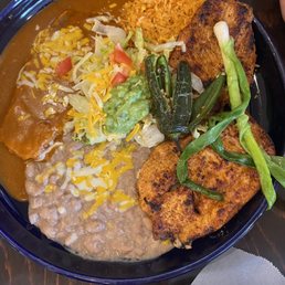 Charbroiled marinated chicken breast  Chili Rellanos