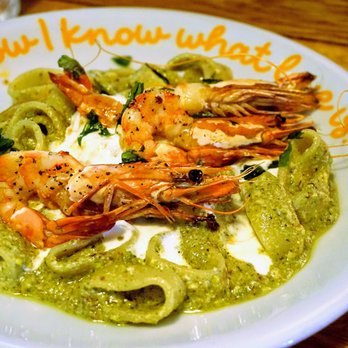 LIVIN'italy - Sicilian "Mezzi Paccheri": pasta tubes in cream of pistachio, topped with Stracciatella Mozzarella, giant prawn, olive oil & basil (£15.95). - Italian Near Me - Leeds, XWY LIVIN'italy - Sicilian "Mezzi Paccheri": pasta tubes in cream of pistachio, topped with Stracciatella Mozzarella, giant prawn, olive oil & basil (£15.95). - Italian Near Me - Leeds, XWY