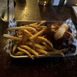 Black and Bleu burger and fries Black and Bleu burger and fries