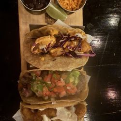 Baja Brewing Company - Taco trio . Arrachera / camarón / baja fish taco .   Shrimp & fish were a excellent