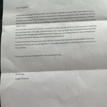 Presidium Regal - Letter from leasing agents partner complaining about boxes waiting to be picked up. - Apartments Near Me - Jacksonville, Florida Presidium Regal - Letter from leasing agents partner complaining about boxes waiting to be picked up. - Apartments Near Me - Jacksonville, Florida