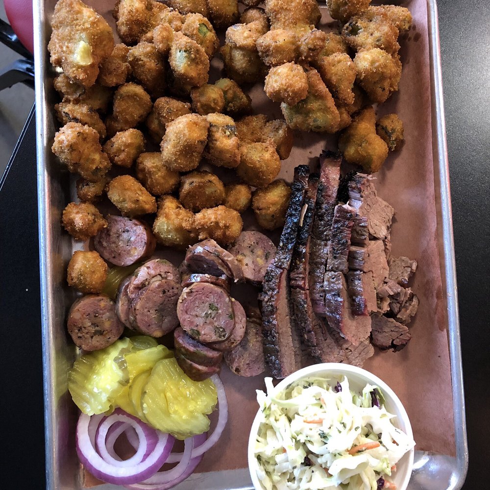 Texlahoma BBQ - "2 Meat Dinner" Sliced brisket, jalapeño sausage, okra, slaw - Barbeque Near Me - Edmond, Oklahoma