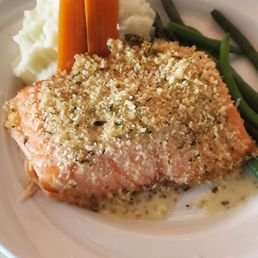 Salmon entree, with vegetables, and mashed potatoes. Salmon entree, with vegetables, and mashed potatoes.