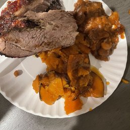 Sweet potatoes , beans , 1 lb. Smoked Brisket