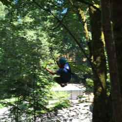 The Bellevue Challenge Course - Zip lining and taking a selfie at once
