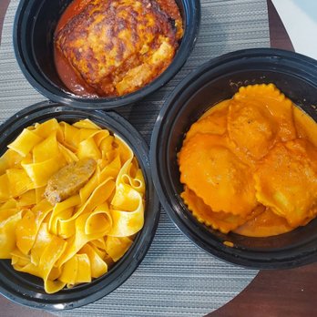 Pasta Party - Lasagna (top), build your own pasta - parpadelle w/pink sauce and sausage (left), braised beef ravioli (right) - Pizza Near Me - Orange, California Pasta Party - Lasagna (top), build your own pasta - parpadelle w/pink sauce and sausage (left), braised beef ravioli (right) - Pizza Near Me - Orange, California