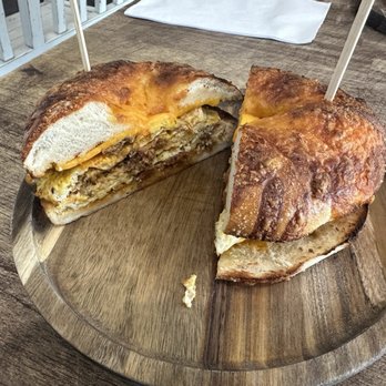 Chit Chat Cafe - Bagel Sandwich (Chorizo on a Cheddar Bagel) - Coffee & Tea Near Me - Manteca, California