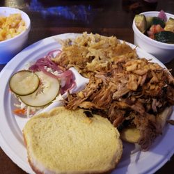 Southbank Original Barbecue - Pulled Pork sandwich with cheesy potatoes, cup sides of mac & cheese and cucumber & onion salad.