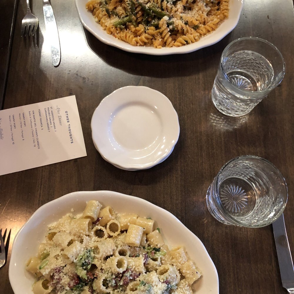 Hyacinth - Mezze Maniche with cured lamb, sugar snap peas and mint / Fusilli with asparagus, ramps and pistachios - Italian Near Me - Saint Paul, Minnesota