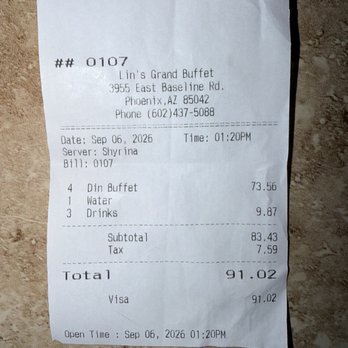 Lin's Grand Buffet - Receipt for 4 adults, in which 3 were seniors, refused senior discount, forced to pay full price - Buffets Near Me - Phoenix, Arizona Lin's Grand Buffet - Receipt for 4 adults, in which 3 were seniors, refused senior discount, forced to pay full price - Buffets Near Me - Phoenix, Arizona