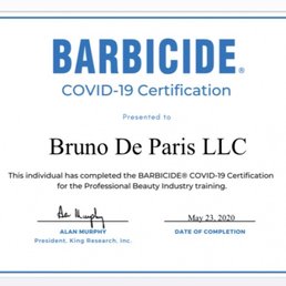 Bruno De Paris Salon has successfully completed the Barbicide COVID-19 Certification! Bruno De Paris Salon has successfully completed the Barbicide COVID-19 Certification!