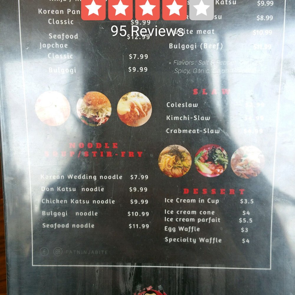 Fat Ninja Bite - The menu they had IN STORE on the counter but they DON'T carry seafood anything, no chap chae, and no waffles of any kind. - Japanese Near Me - Toronto, Ontario Fat Ninja Bite - The menu they had IN STORE on the counter but they DON'T carry seafood anything, no chap chae, and no waffles of any kind. - Japanese Near Me - Toronto, Ontario
