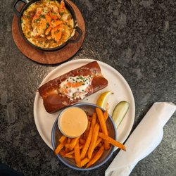 Slapfish - Lobster roll, sweet potato fries, and lobster mac and cheese.