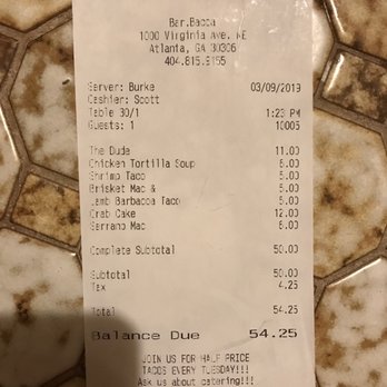 Bar.bacoa - Receipt ($54.25) - Spanish Near Me - Atlanta, Georgia Bar.bacoa - Receipt ($54.25) - Spanish Near Me - Atlanta, Georgia